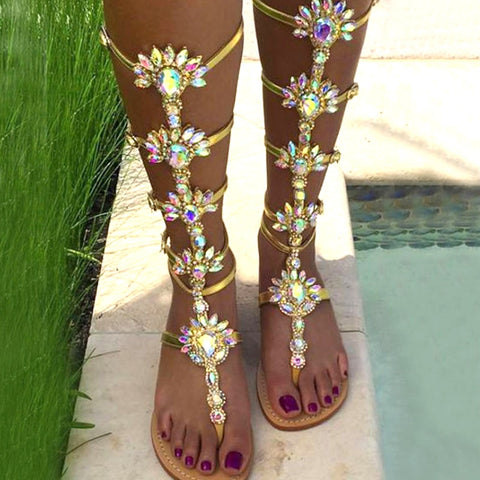 Woman Sandal Boots Rhinestone Lady Knee High Boots Thin High Heels Stiletto Crystal Dress Summer Shoes Sandalias Bohemia Style