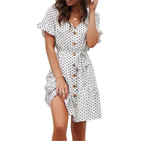 Sonicelife hoco dresses Ruffles Polka Dot Sleeveless Dress For Women 2024 Summer Casual Office V-neck Button Female Dresses Pleated Mini Sundress