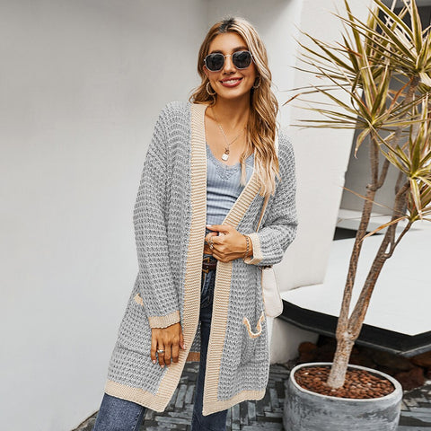 Sonicelife Sale Women Stitching Cardigan Jacket Patchwork Knitted Coat With Pocket Long Sleeve Soft Long Female Sweaters Casual Outwear D30