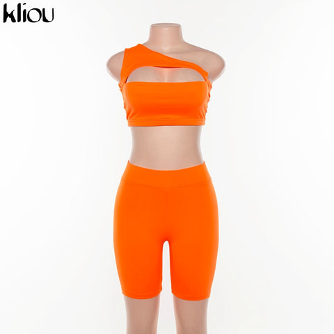 Kliou classic women neon color two pieces set off shoulder hollow out crop top elastic high waist shorts outfit tracksuit summer
