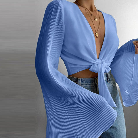 Sonicelife Spring Flare Long Sleeve Beach Shirts Blouse Solid  Deep V Neck Women Shirt Blusas Summer Tie-Up Hollow Out Tops Streetwear 0424