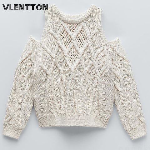 2023 Spring Autumn Women Pullover Cut Out Knit Sweater Elegant Long Sleeve Cold Shoulders Female Pompom Appliques Knitted Top