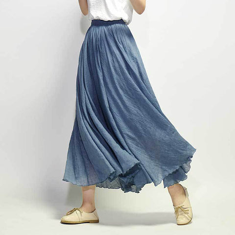 2023 Women Linen Cotton Long Skirts Elastic Waist Pleated Maxi Skirts Beach Boho Vintage Summer Skirts Faldas Saia