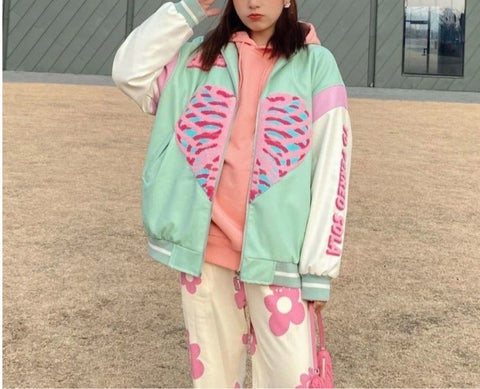 Sonicelife 2023 Spring Fashion Heart Printing Baseball Jacket Couple Clothes Jacket Women Coat Women Korean Tops Women Oversized Jacket Hot
