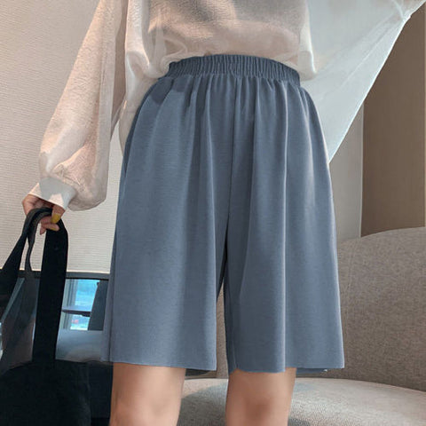 Sonicelife Wide Leg Short Pants Woman Summer Casual Ice Silk Straight Shorts Female Solid Elastic Waist Plus Size Slacks Short for Girls