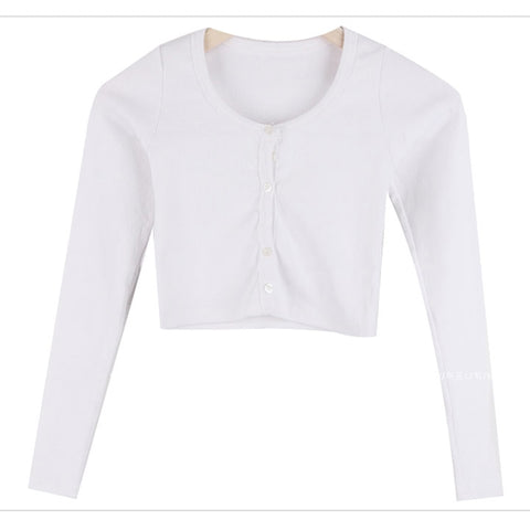 Christmas Gift Casual Solid U-Neck Long Sleeve Crop Top Women Side Button White T-Shirt Female Slim Tee Shirt Top for Women Clothing 2021