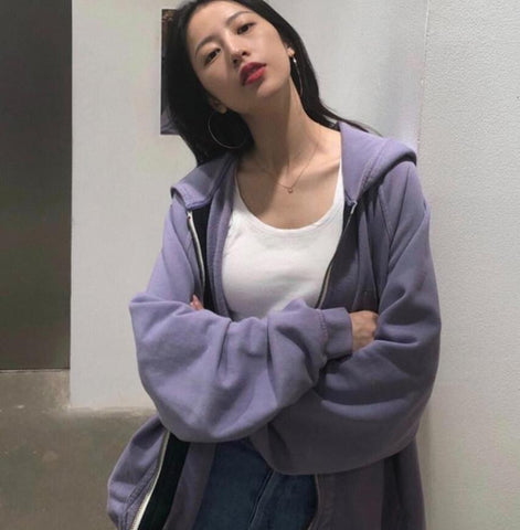 Harajuku Zip Up Sweatshirts Women Hoodies Korean Oversized Thin Clothes Plus Size Loose Casual Solid Color Shirt Long Sleeve Top