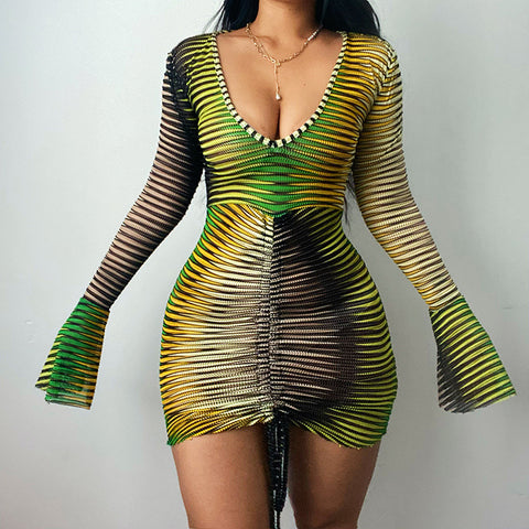 Sonicelife hoco dresses  Women Autumn Long Sleeve V Neck Printed Bodycon Gradient  Mini Dress 2024 Fall Clothes