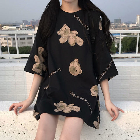 Women Tshirts Female 2023 Spring Summer Harajuku Tops L-4XL Plus Size Crew Collar Short Sleeve Tee Graphic T-shirt Cute Hug Bear