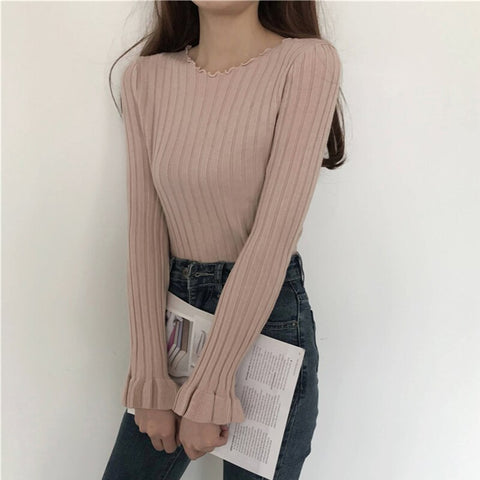 Sonicelife Christmas Gift AOSSVIAO Ruffles Pullovers Solid Flare Sleeve 2024 Autumn Winter All Match Women Sweaters Slim New Pull Femme Fashion Soft Tops