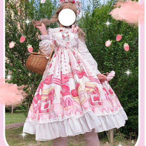 Sonicelife-Japanese soft sister Lolita strawberry cake lace edge stitching high waist Lolita jsk dress female summer Sleeveless dress