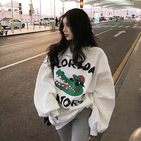 Sonicelife Oversized Print O Neck Hoodie Women Sweetshirts Plus Size Streetwear Top Full Sleeves Clothes Korean Fashion Harajuku Sweatshirt