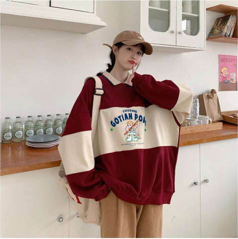 Sonicelife Print Vintage Long Sleeve Sweatshirt Polo Neck 2024 Spring Clothes For Women Harajuku Letter Female Pullovers Casual Chic Tops