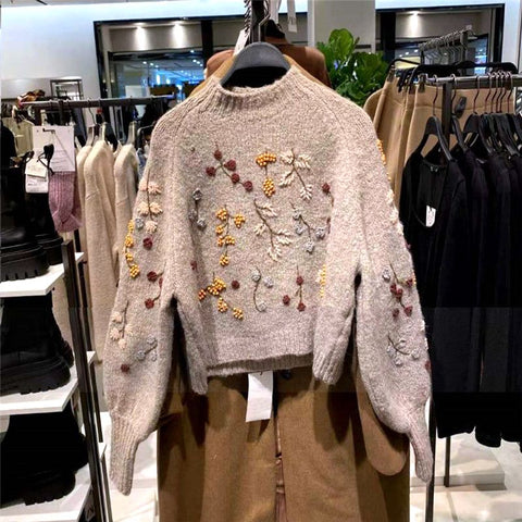 Sonicelife 2023 Winter Women Sweater Vintage Long Sleeve Pullover Chic Flowers Beaded Harajuku Knitted Sweateres Jumpers Top Femme