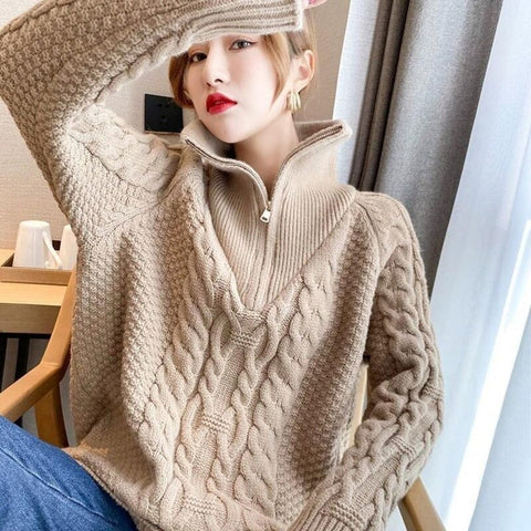 Women's Jumper Loose Fashion All-match Female Turtleneck Sweaters Turn-down Collar Zippers Solid Thicken Knitted Woman Sweaters
