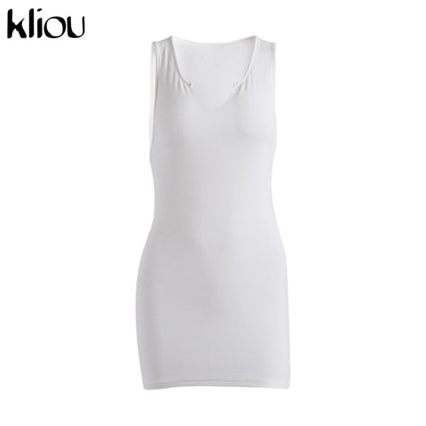 Kliou Cotton Sleeveless V-Neck Women Dress Elastic Fitness Fashion Solid White Skinny Bodycon Mini Dresses Streetwear Outfits