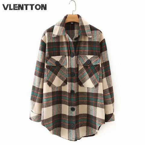 New Autumn Winter Vintage Plaid Wool Coat Women Casual Oversize Jacket Outwear Female Loose Overcoats Ladies Chaqueta Mujer