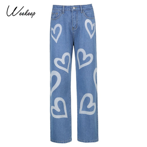 Weekeep Graffiti Tie Dye Vintage 90s Jeans Baggy High Waisted Straight Trousers Denim Capris Harajuku Women's Cargo Pants Autumn