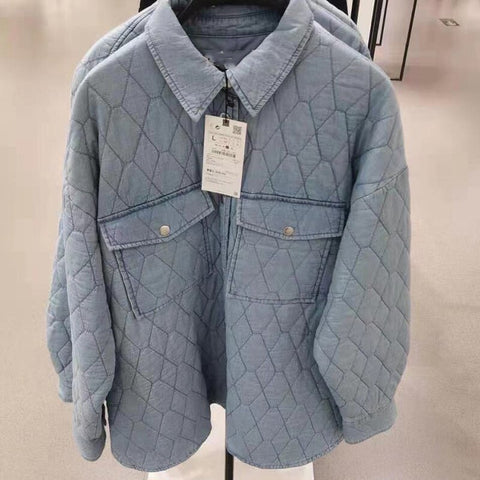 Sonicelife New Autumn Winter Women Denim Jacket Thin Parkas Straight Shirt Fashion Blue Female Pockets Upper Outer Coat