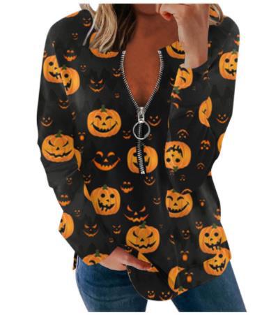 Sonicelife Women Halloween Long Sleeve Sweatshirts Pumpkin Ghost Printed Loose Tops Round Neck Tee Casual Autumn Party Zipper Streetwear