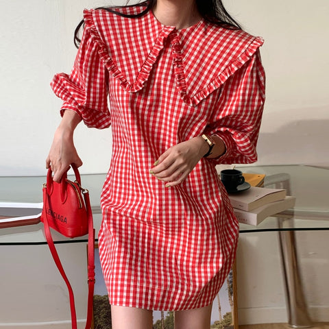 Sonicelife Sonicelofe 2024 Doll Collar Loose Puff Sleeve Plaid Loose Women Dress