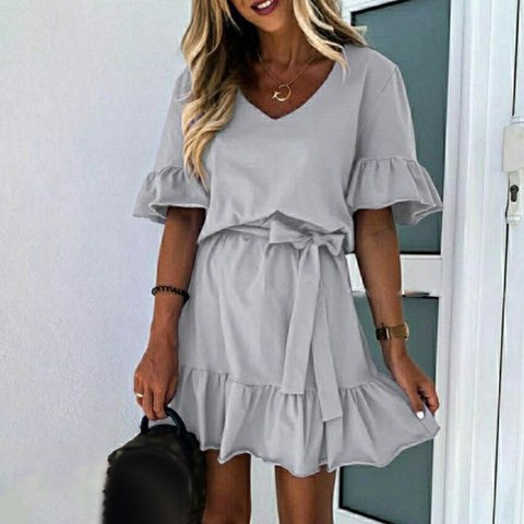 Sonicelife hoco dresses Ladies  Ruffle Mini Dress Casual Short Sleeve Women Party Dresses Elegant V Neck Lace-up Summer Dress Female Vestidos D30