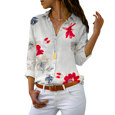 Sonicelife Floral Print V-Neck Blouse Women Tops Blouses 2024 Summer Elegant Long Sleeve Female Office Lady Work Shirts Lapel Blusas D30