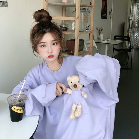 Harajuku Chic Crewneck Women Sweatshirt Pullover Hoodies Solid Color Oversized Bear Female Clothes Loose Cute Kawaii Sweetshirt