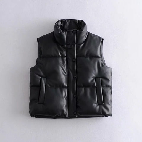 2023 fashion PU Faux leather jacket women sleeveless thick coat streetwear spring winter zipper ZA coat