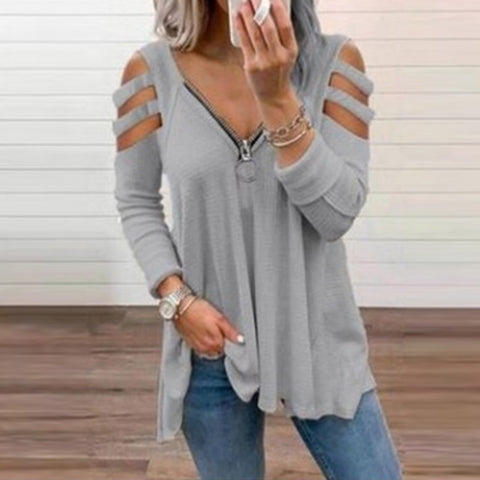 Sonicelife  Fashion Chic Hollow Out Short Sleeve Top Lady Elegant Zip V-Neck Solid Blouses Shirts 2023 Spring Casual Women Blusas Sweatshirt