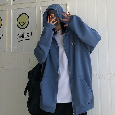 Sonicelife Vintage Zip Up Hoodie Oversized Harajuku Couple Streetwear Women Plus Size Loose Hooded Clothes Casual Thin Sweatshirts Pullover