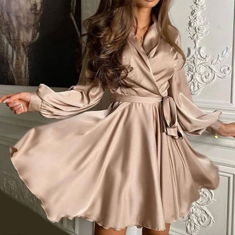 Sonicelife hoco dresses V-Neck Belt Satin Mini Dress Autumn Fashion Lantern Sleeve Comfort Night Club A-line Party Dresses For Women 2024