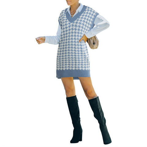 Sonicelife Women Houndstooth Sweater Vest Vintage V Neck Sleeveless Pullover Loose Chic Knitwear Plaid Spring Autumn Office Ladies Tank Top