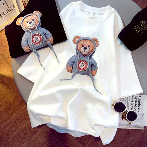 Sonicelife Harajuku Womens T-Shirts Oversized Couple Tee Cute Diamonds Rope Bear Tshirt Summer Loose Casual Kawaii Crew Neck Tops Plus Size