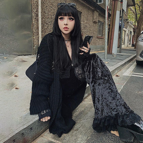 Sonicelife Halloween Fashion Patchwork Lace Solid Flare Pants Women Gothic Dark High Waist Loose Trousers 2023 New Street Suede Pants