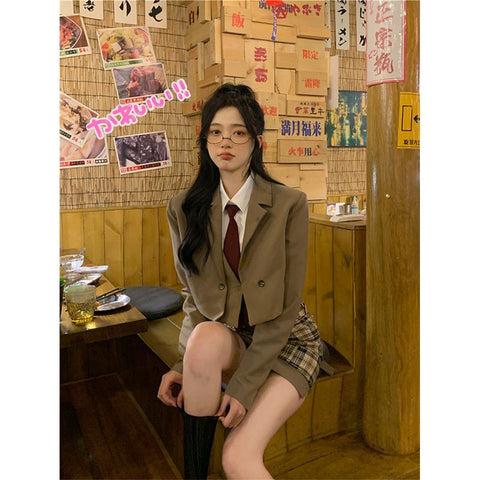 Sonicelife Japanese Style School Uniform 2024 New Red Tie Long Sleeve Solid Color Suits Coats  Tight Formal Summer College Uniform 2024