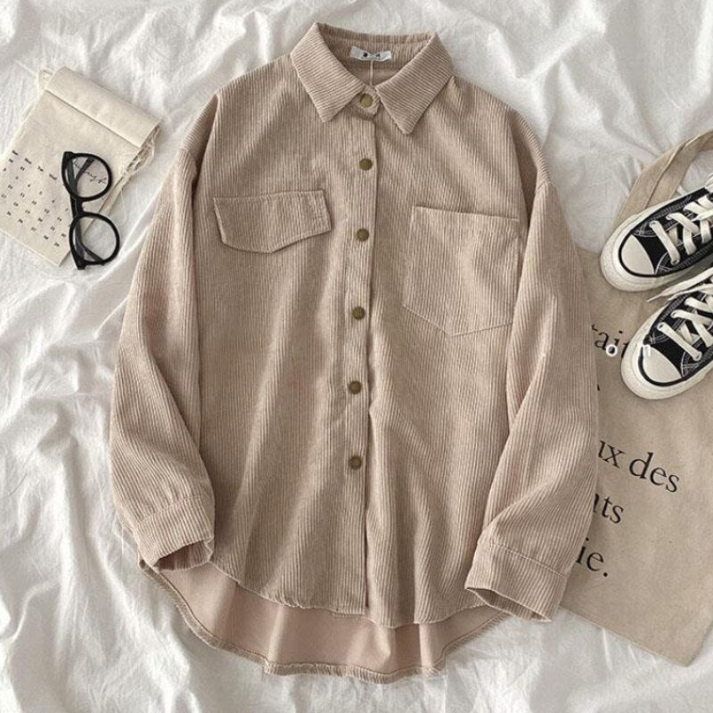 Sonicelife Zoki Harajuku Corduroy Women Shirt Jackets Autumn Long Sleeve Thin Coats Casual Vintage Pocket Female Button Up Overcoats 2024