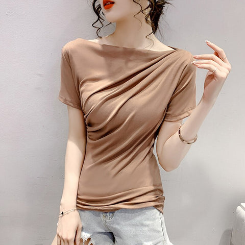 Christmas Gift 2023 Summer T Shirt Women  Slash Neck Short Sleeve Tee Shirt Femme Fashion Korean Folds Slim Tops Shirts Office Ladies