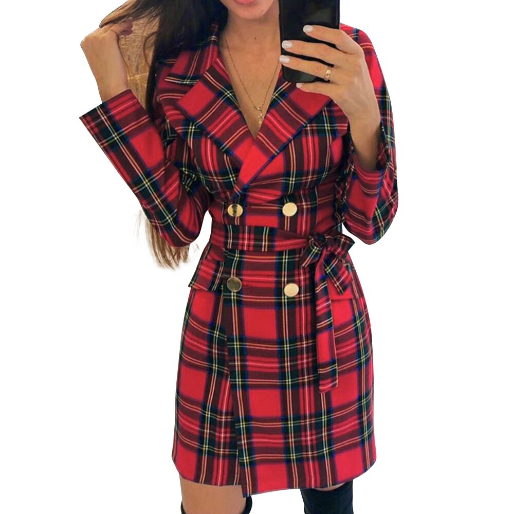 Sonicelife Sale Plaid Woolen Women Coats Double Breasted Slim Jackets Ladies Vintage Button Long Outerwear Elegant Lapel Coats Femme D30