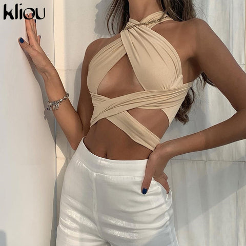 Sonicelife Kliou Solid Halter Crop Tops Women Bandage Hole  Backless Tanks Vest Skinny Party Clubwear Female Hot Outwear Outfits Summer