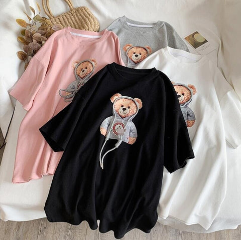 Sonicelife Harajuku Womens T-Shirts Oversized Couple Tee Cute Diamonds Rope Bear Tshirt Summer Loose Casual Kawaii Crew Neck Tops Plus Size