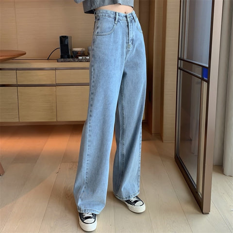 Sonicelife Woman Jeans High Waist Clothes Wide Leg Denim Clothing Blue Streetwear Vintage Quality 2024 Fashion Harajuku Straight Pants