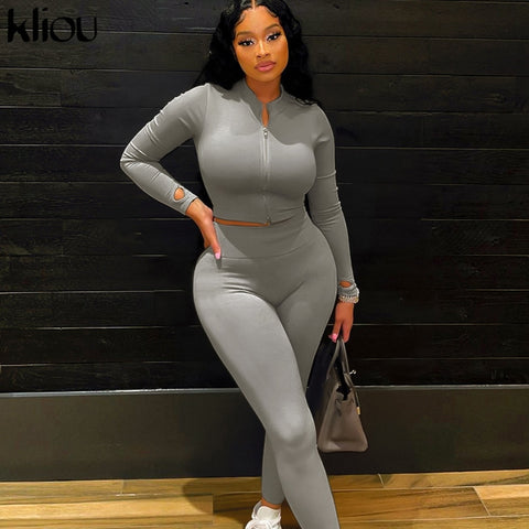 Sonicelife Kliou Solid Simple Two Piece Set Women Sheath Slim Casual Sporty Long Sleeve Zipper Top+Body-Shaping Female Activewear Outfits