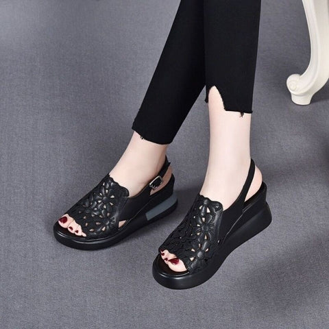 Sonicelife  Summer Wedge Shoes for Women Sandals Open Toe Platform Hollow Flowers Retro Lady High Heel Buckle Strap Casual Female Sandalias