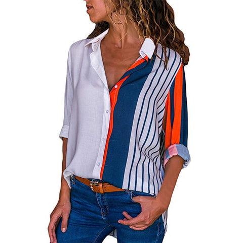 Sonicelife  Women Chiffon Blouses V Neck Long Sleeves Blue& White Striped Patchwork Button Cardigan Casual Tops Tee Shirts Blouse