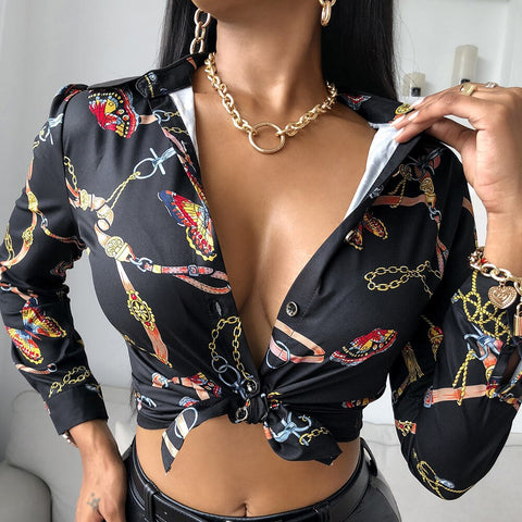 Sonicelife Women Turn-down Collar Blouse Spring Autumn Long Sleeve Butterfly Print Tops Button Elegant Slim Fit Ladies Female  Shirts