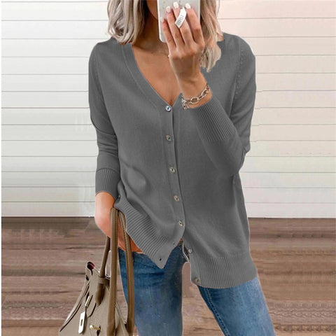 Sonicelife  Women Knitted Sweaters Button Cardigan Coats 2023 Spring Autumn V Neck Long Sleeves Single Breasted Solid Casual Sweater