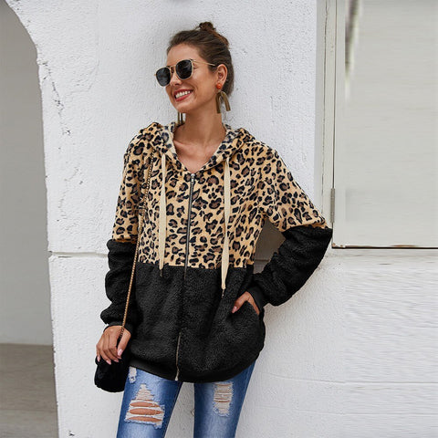 Autumn Winter Women Sweatshirt Hooded Leopard Hoodies Casual Zipper Long Sleeve Hoodie Fashion Velvet Tops Warm Coat Streetwear