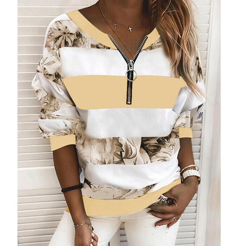 Sonicelife Women Tshrts V-Neck Wide Stripe Print Long Sleeve Zipper Casual Stretchy 2024 Autumn Fashion Ladies Tops Vintage Clothes D30