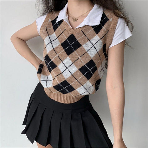 Preppy Style V Neck Casual 90s Aesthetic Clothes For Women Vintage Soft Girl Sleeveless Plaid Knitted Tank Tops Female Knitwear